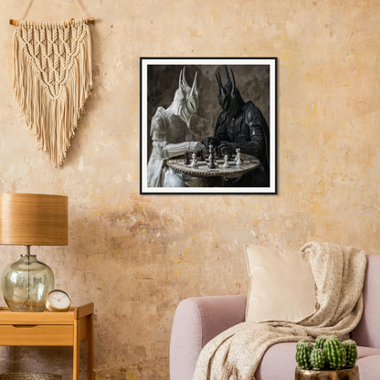 Framed black and white photo of rabbit-masked figures playing chess in Strategic Armor Delusion