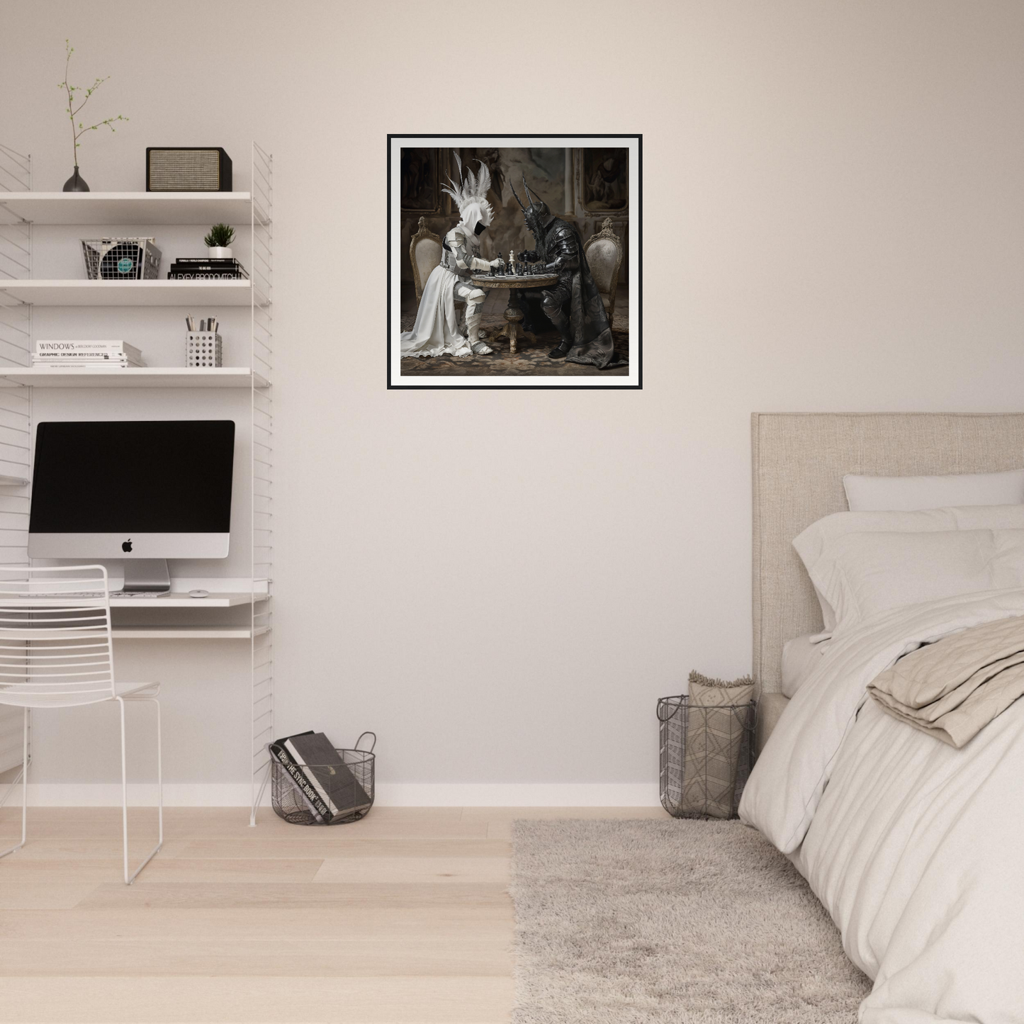 Minimalist bedroom with floating shelves and iMac, inspired by Strategic Enigma Echoes