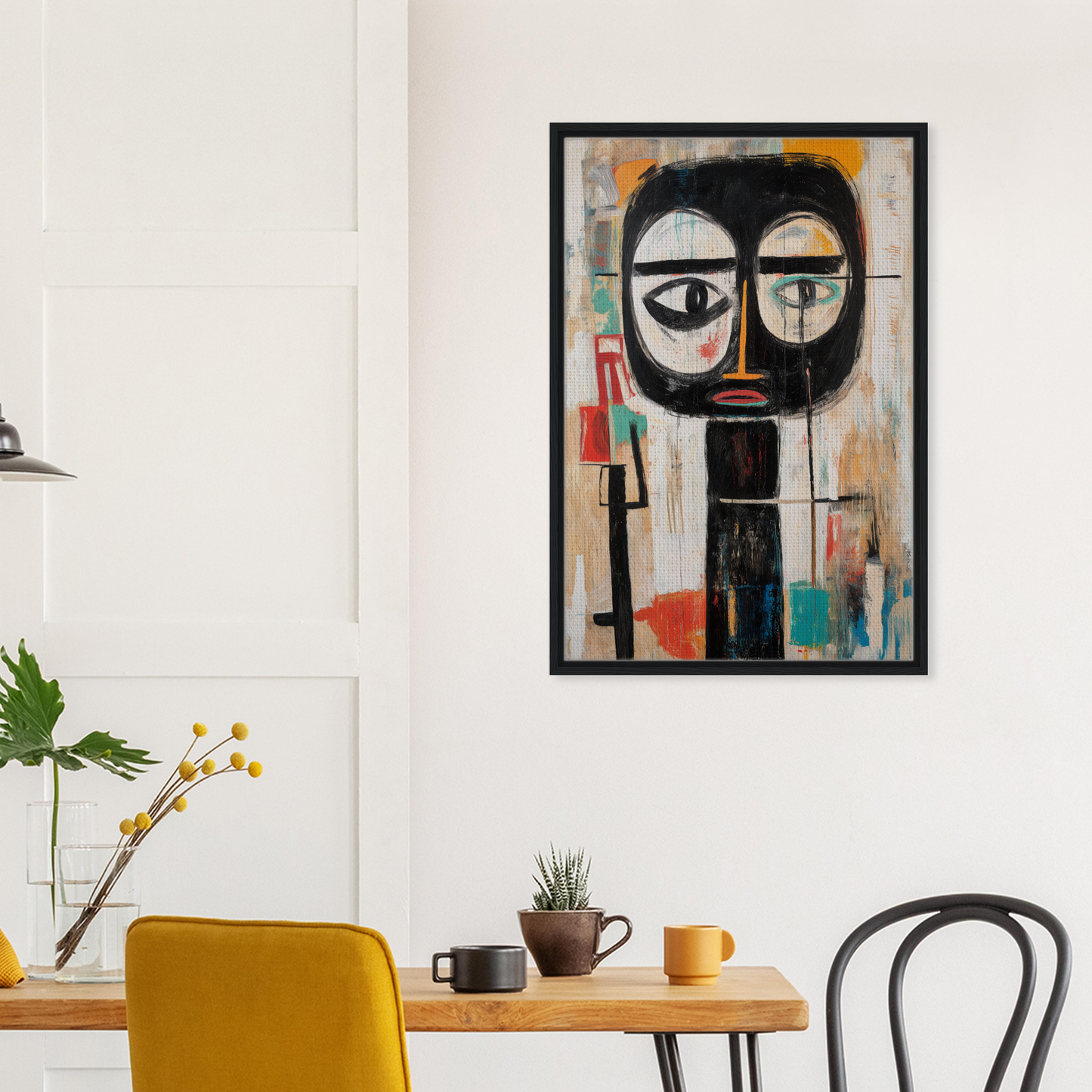 Abstract painting of a stylized face in a black frame for Subconscious Expression Voyage