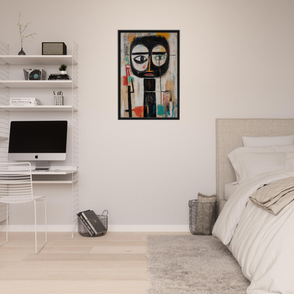 Abstract portrait painting with large eyes in a black frame for Subconscious Expression Voyage