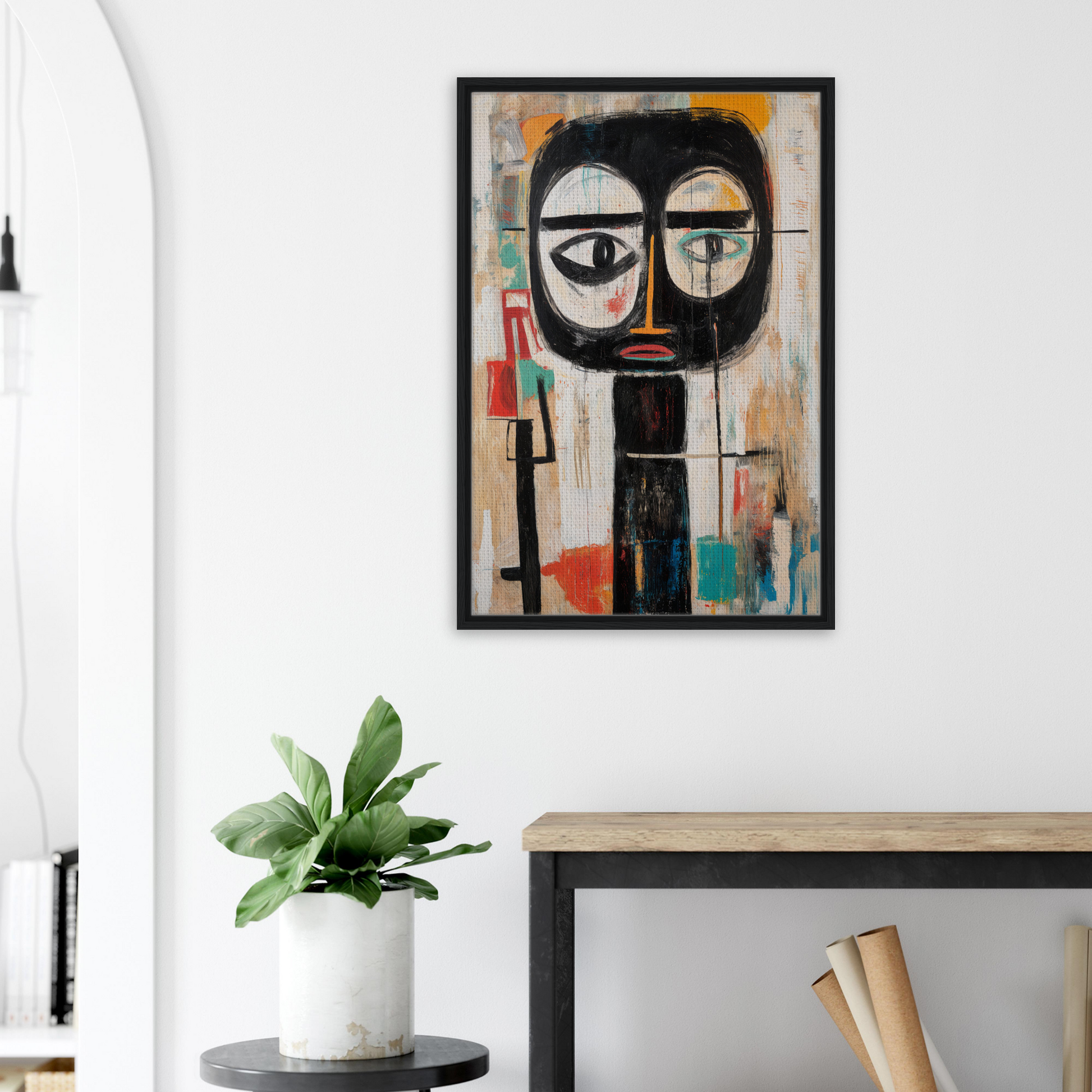 Abstract painting of a stylized face, ideal for Subconscious Expression Voyage room decor