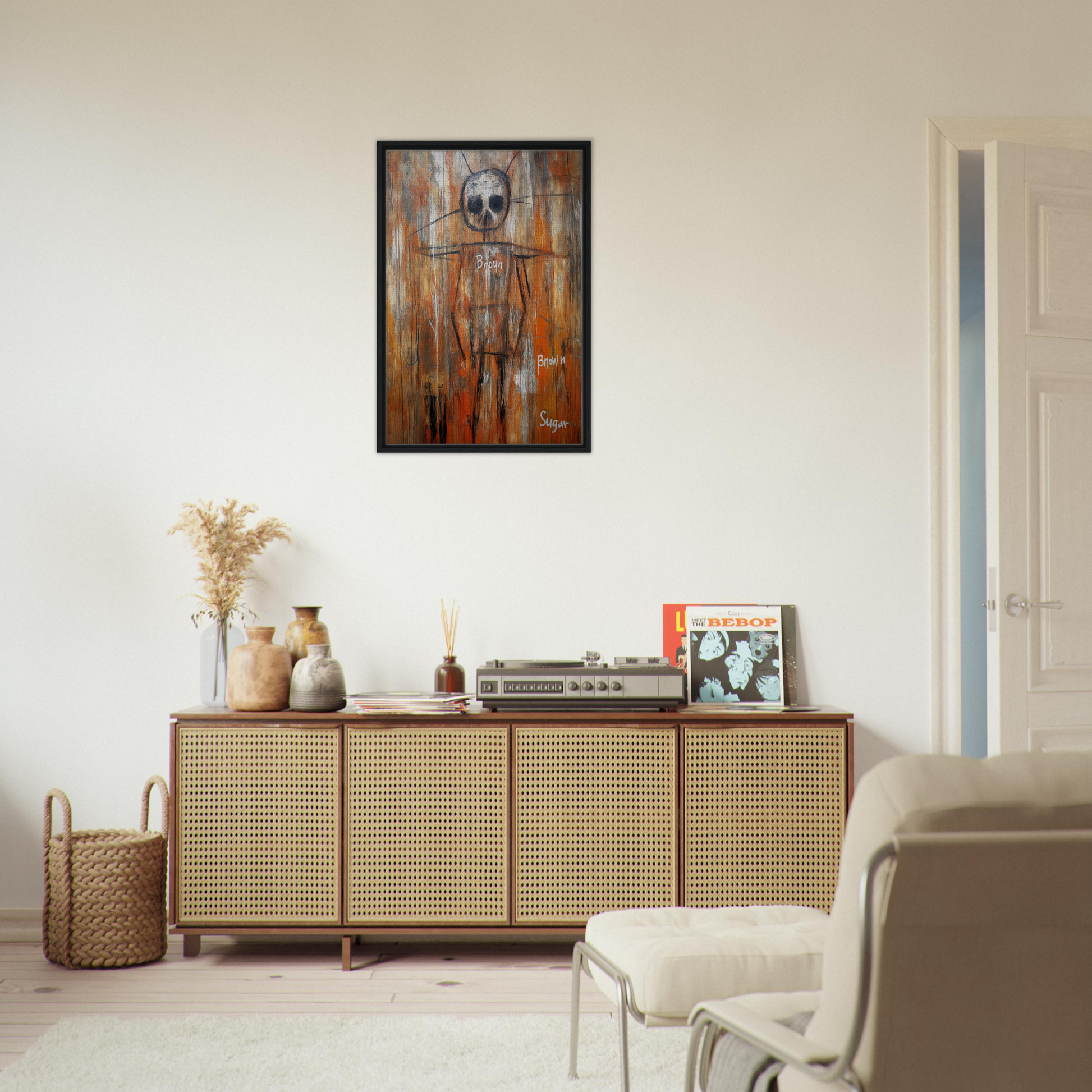 Wooden sideboard with cane-webbed doors, showcasing Sugar Skull Reverie decor