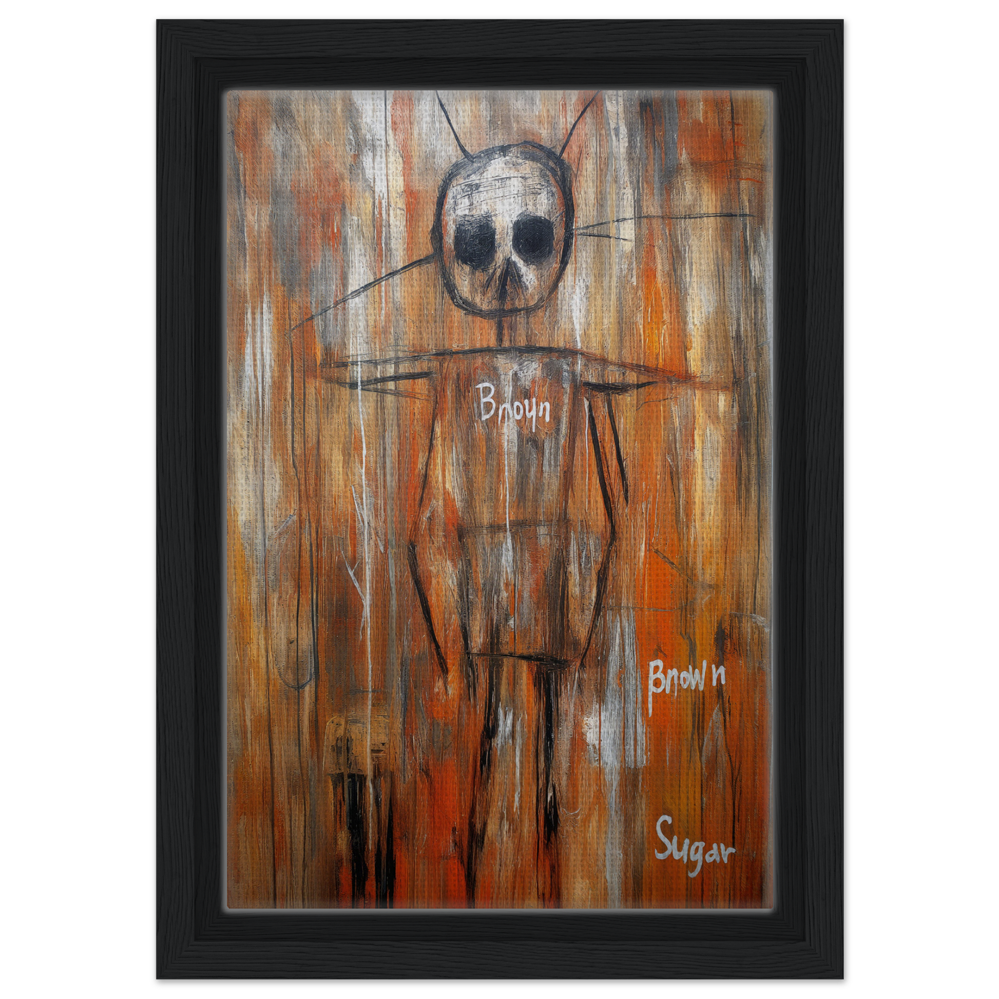 Crude stick figure painting with skull head on rusty background in Sugar Skull Reverie canvas wall art