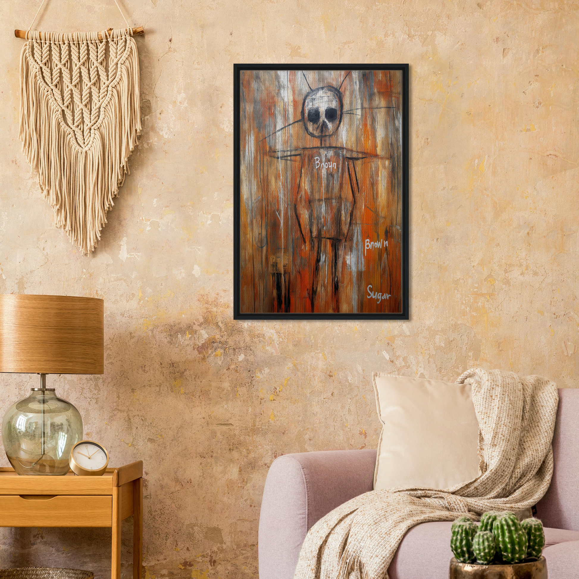 Framed Canvas Wall Art of Sugar Skull Reverie Featuring a Skeletal Figure on Abstract Background