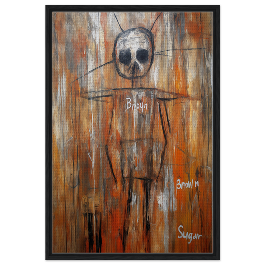 Stylized skeletal figure in muted orange and brown tones for Sugar Skull Reverie canvas wall art