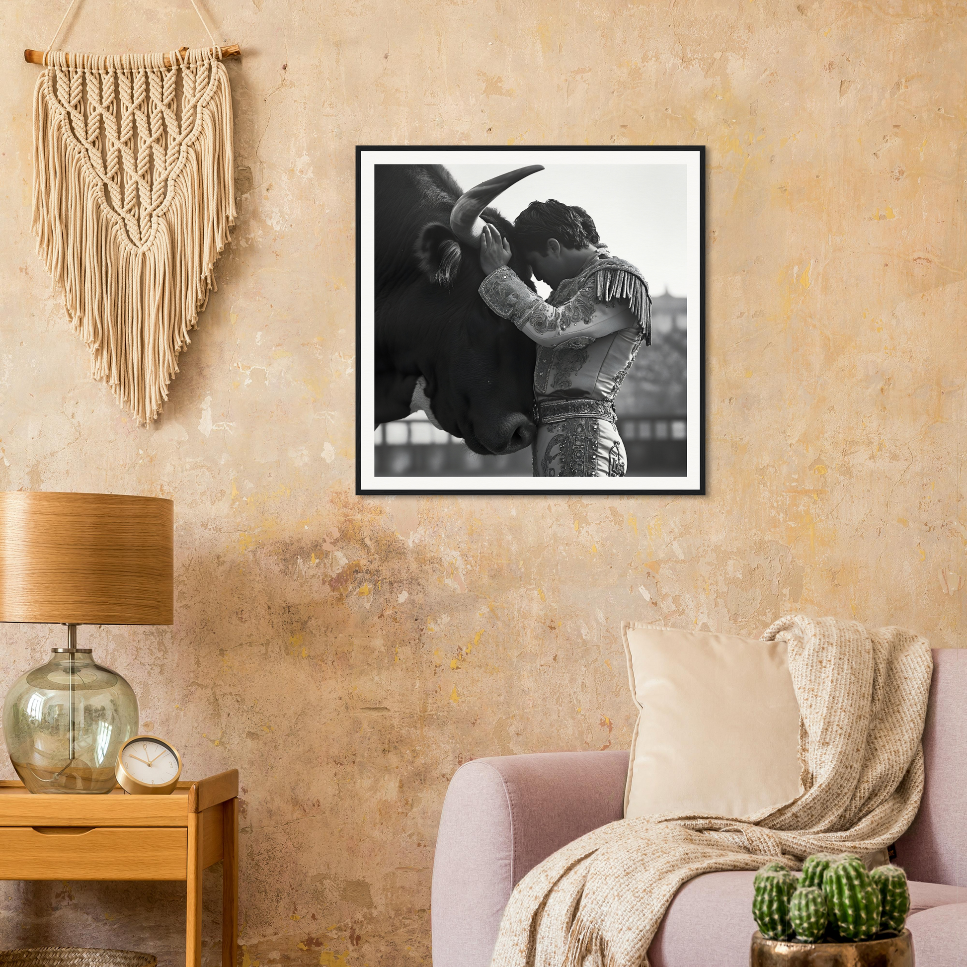 Framed black and white photo of a bull and matador in Sul T Toreador’s Reverie art™