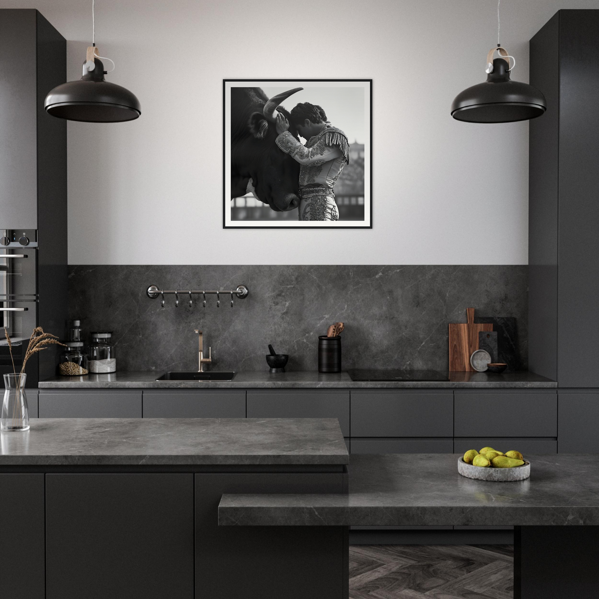 Modern dark grey kitchen with industrial lights, inspired by Sul T Toreador’s Reverie