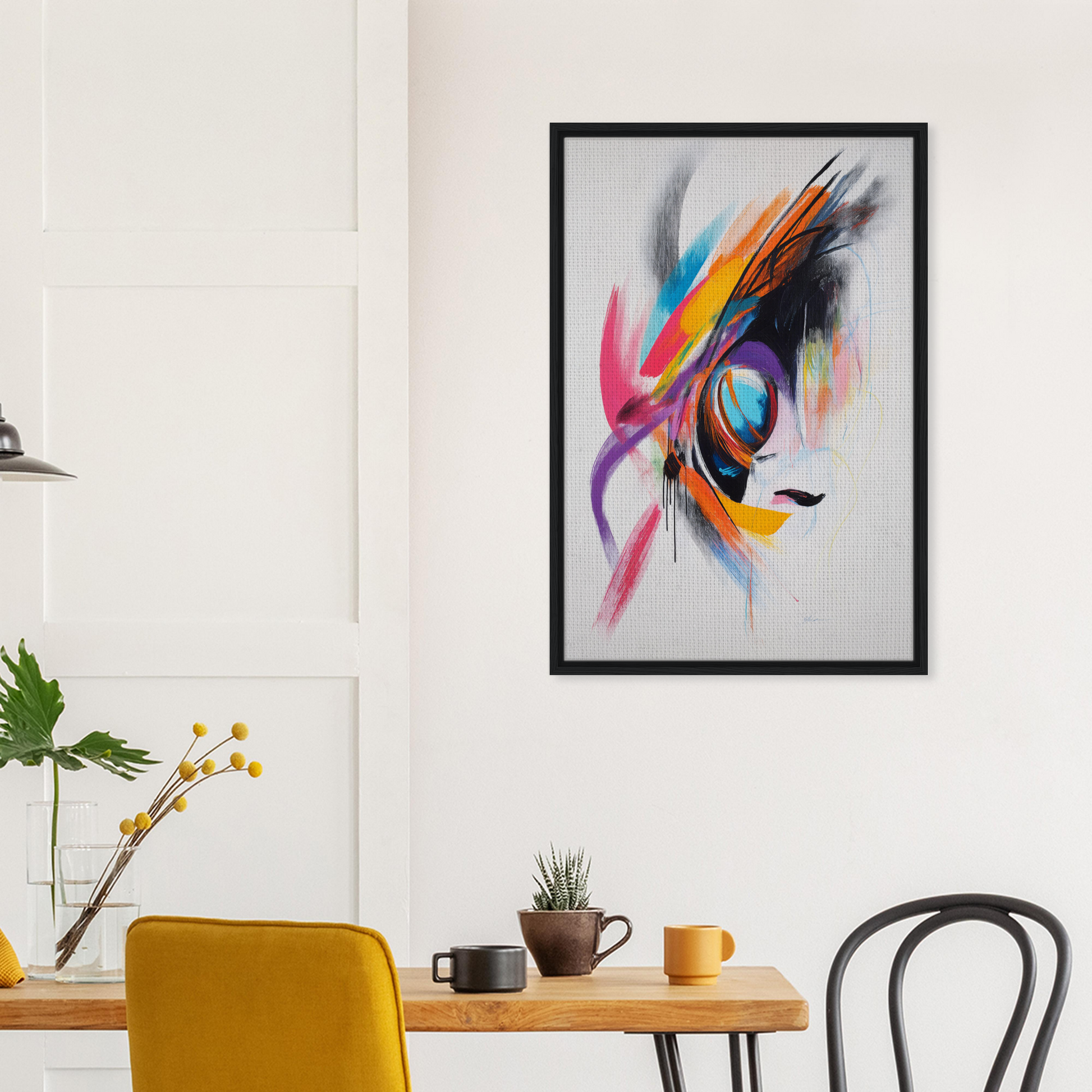 Colorful abstract eye painting in a black frame for Sun Swirl Symbiosis room decor