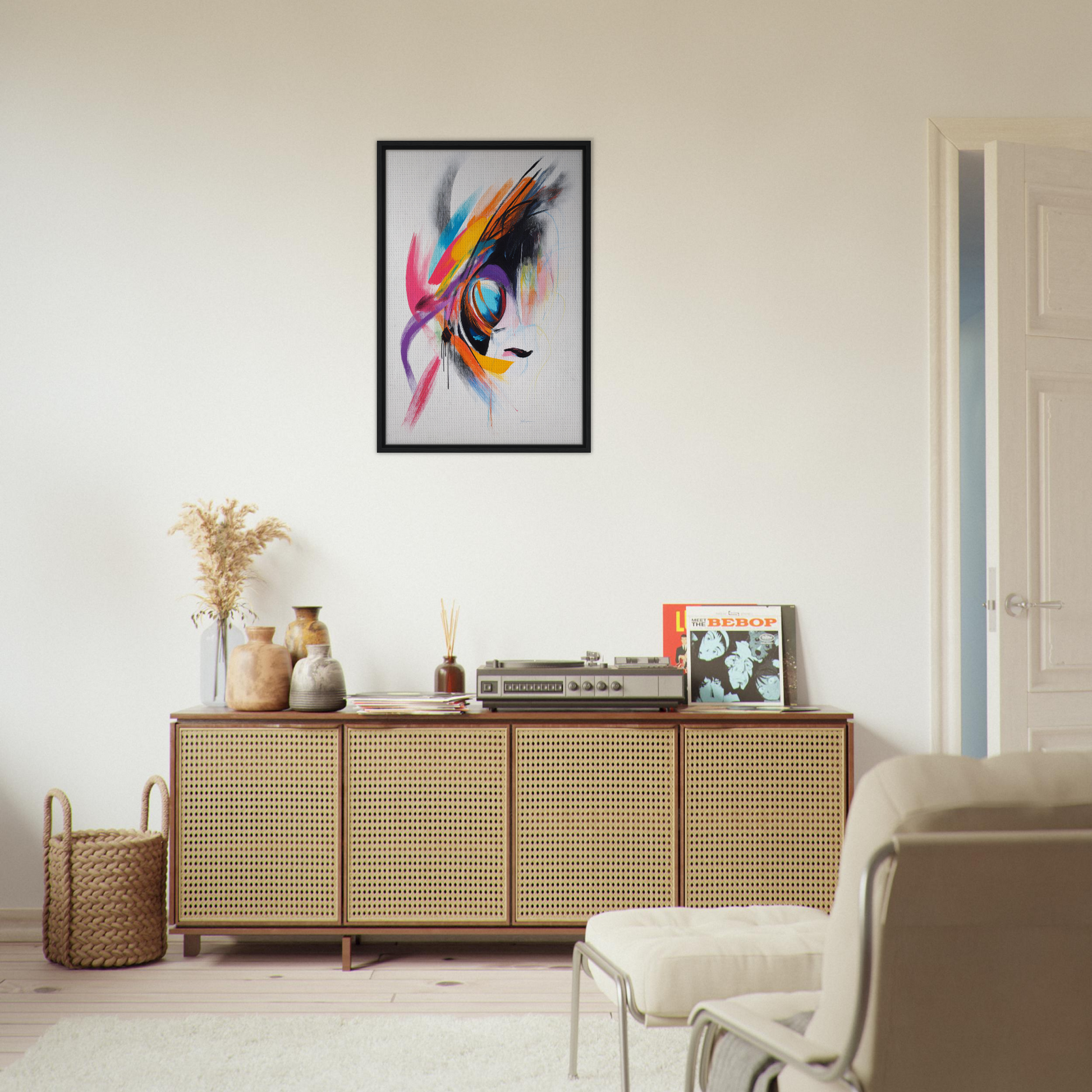 Wooden sideboard with cane-webbed doors showcasing Sun Swirl Symbiosis decorative items