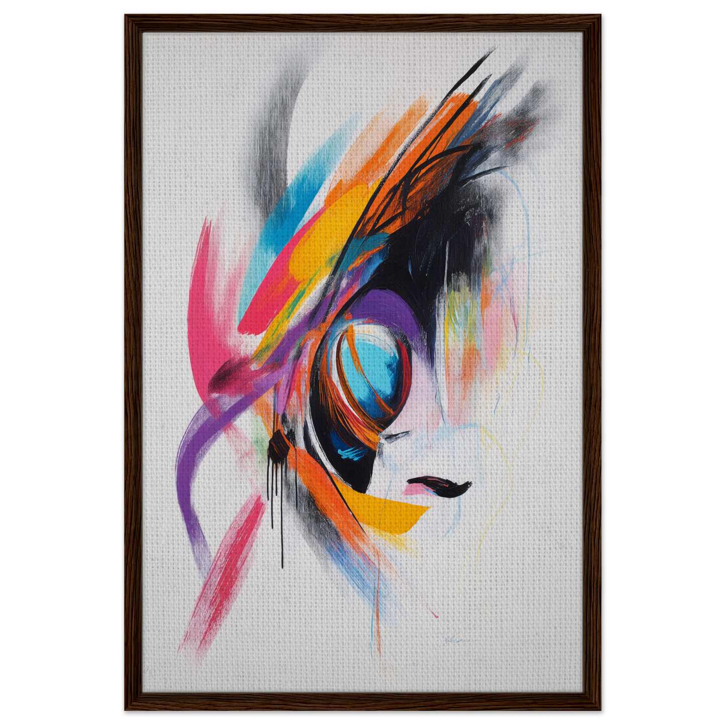 Abstract painting of vibrant brushstrokes in a stylized eye for Sun Swirl Symbiosis room decor