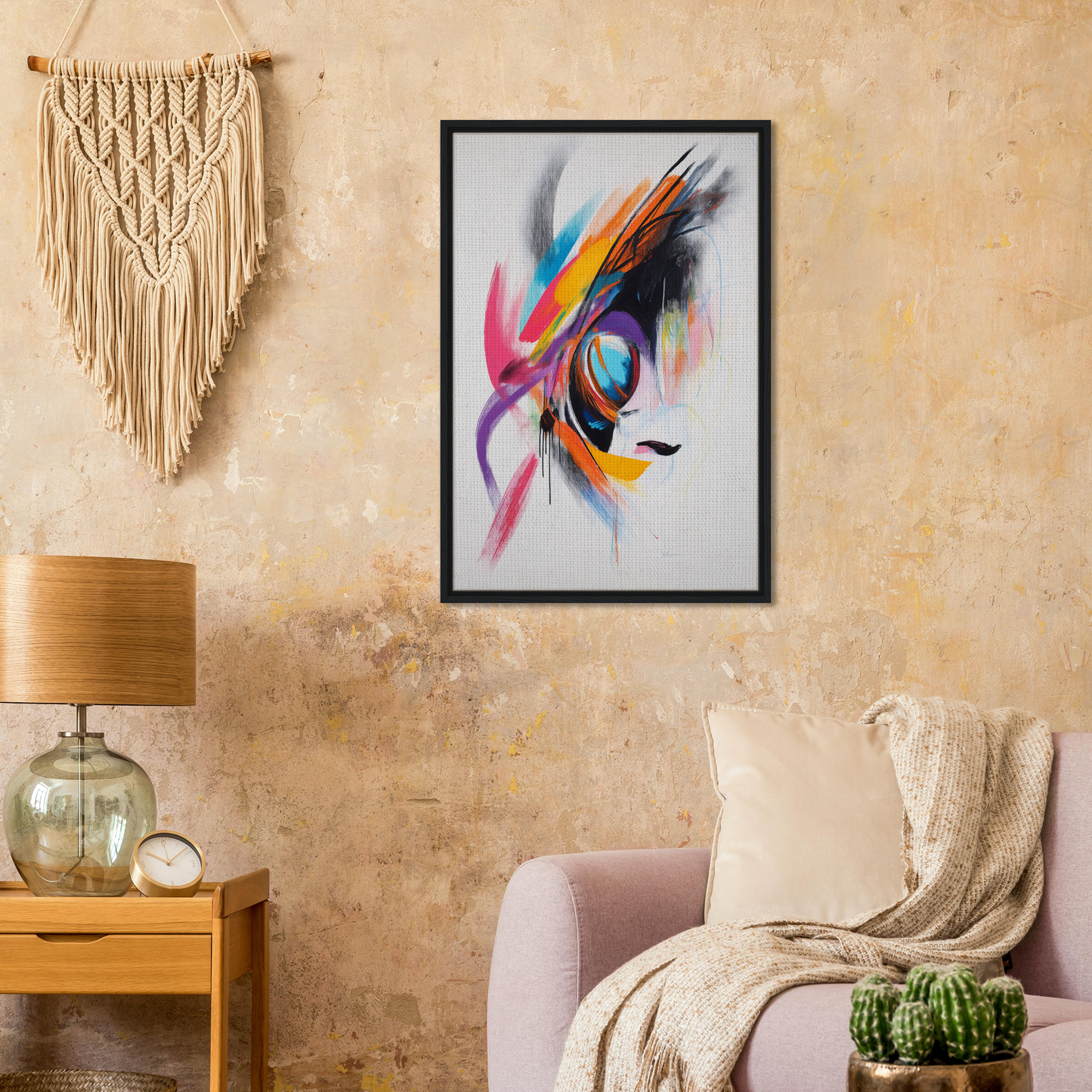 Colorful abstract painting in a black frame titled Sun Swirl Symbiosis Framed Canvas Print