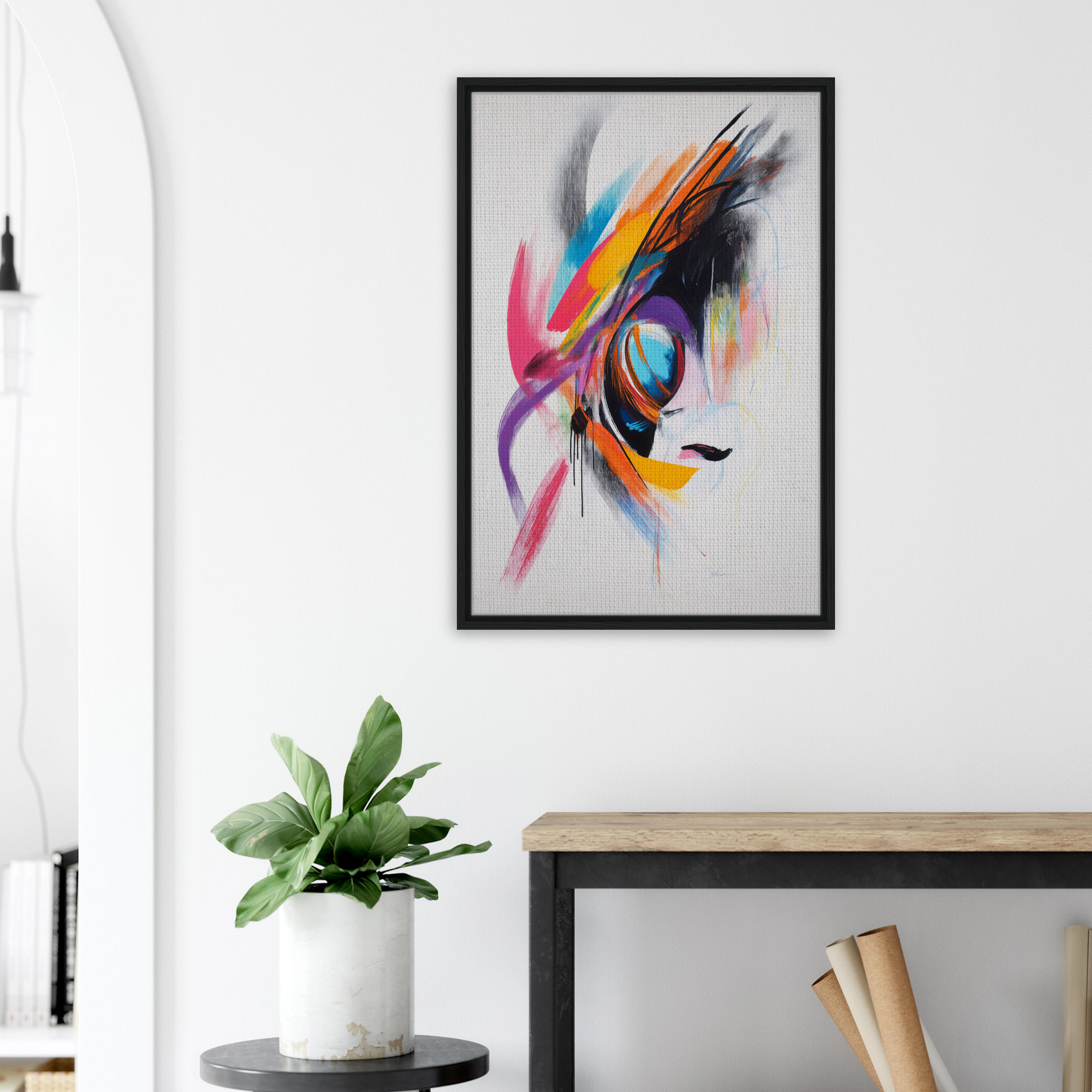 Vibrant abstract painting in Sun Swirl Symbiosis with colorful eye-shaped swirls