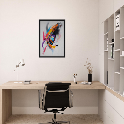 Modern home office with swirl symbiosis framed artwork and minimalist decor