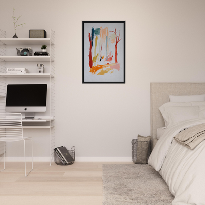 Modern bedroom featuring Sunset Brush Revelry framed wall art as a decor focal point