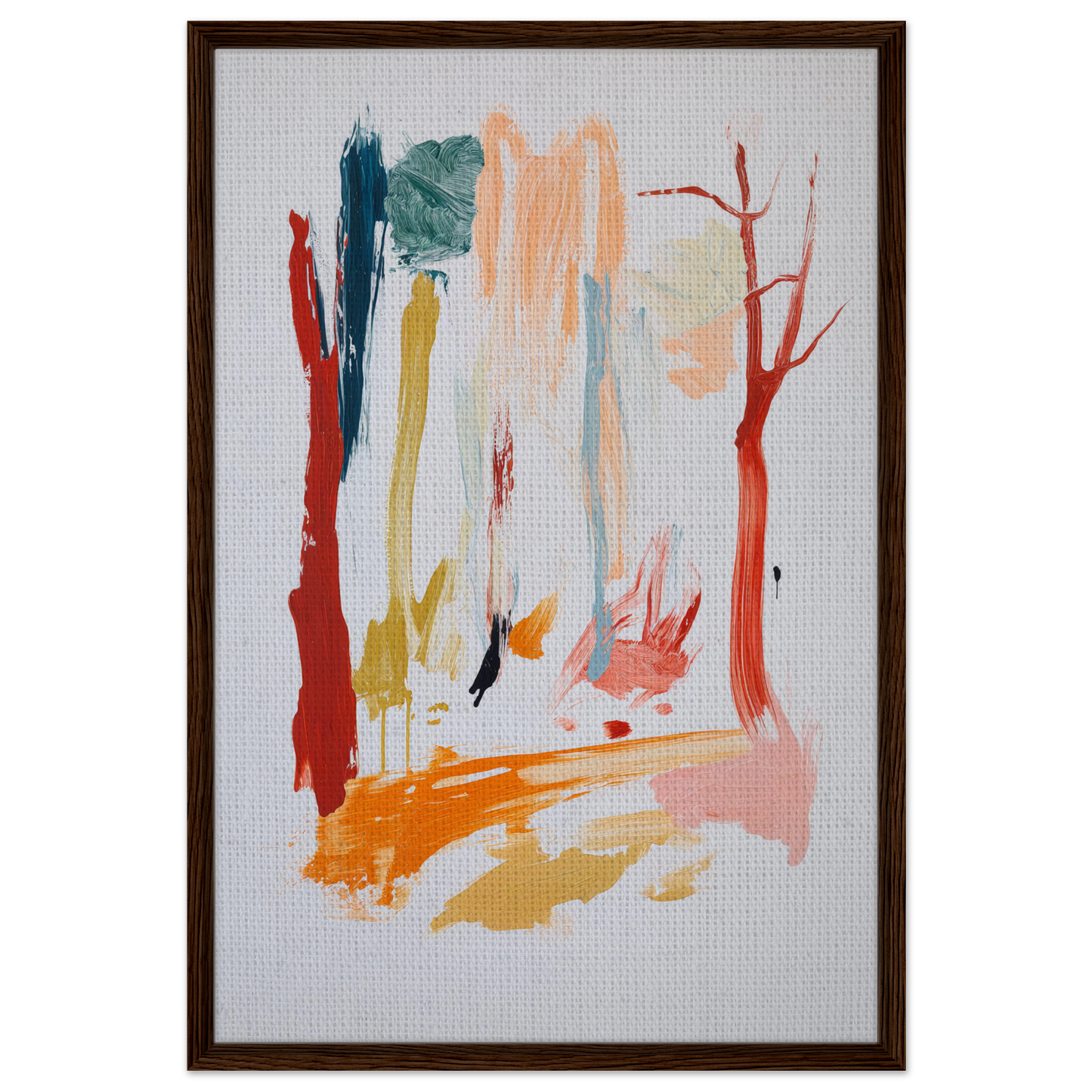 Abstract painting of colorful vertical brushstrokes resembling a forest in Sunset Brush Revelry framed wall art