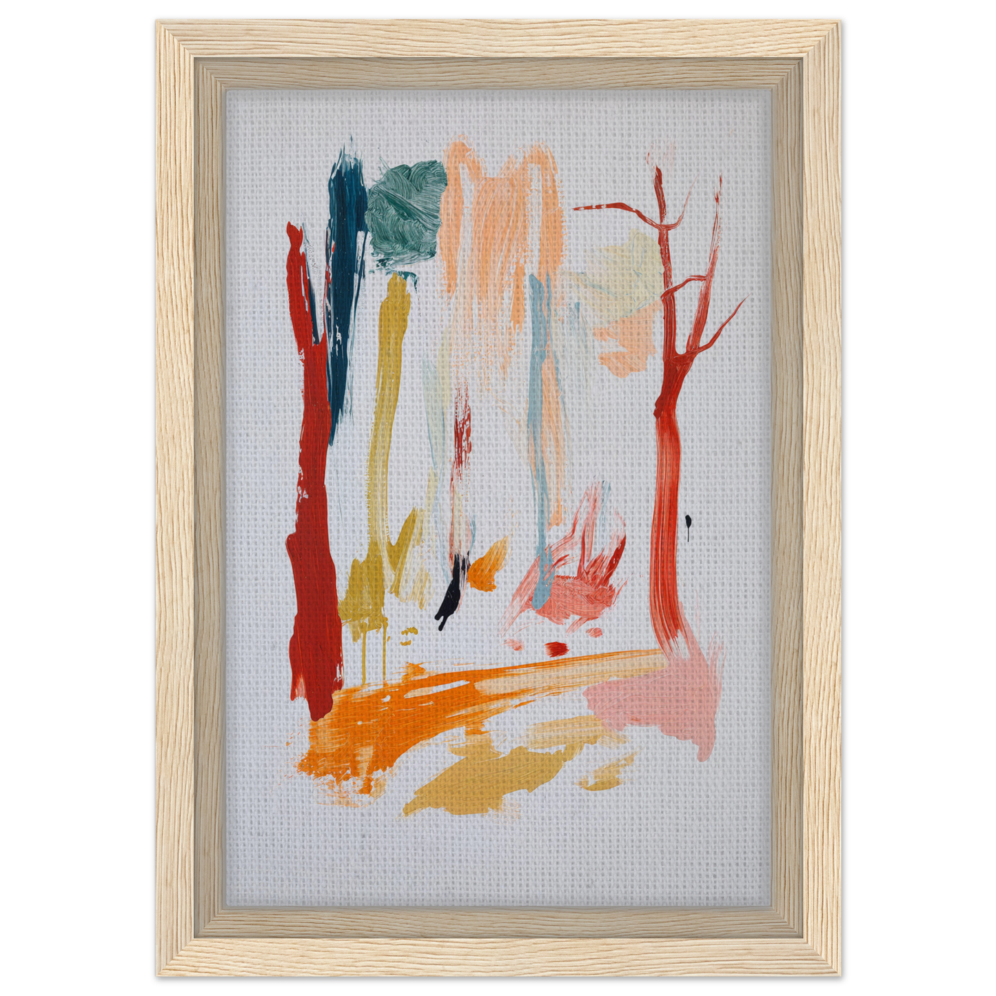 Abstract painting in vibrant vertical brushstrokes, framed wall art titled Sunset Brush Revelry