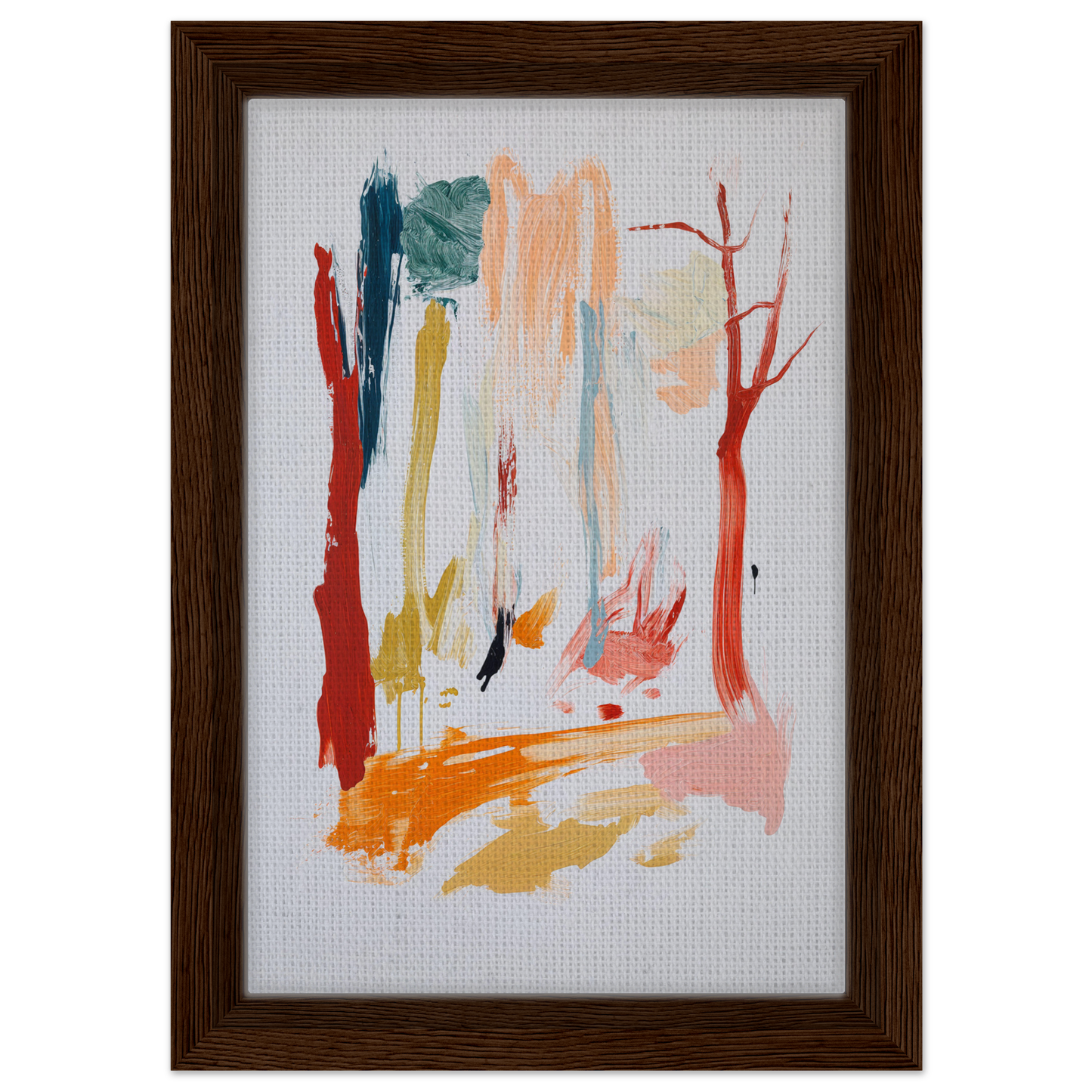 Abstract painting titled Sunset Brush Revelry featuring colorful vertical brushstrokes in a wooden frame, ideal as framed wall art for enhancing room decor