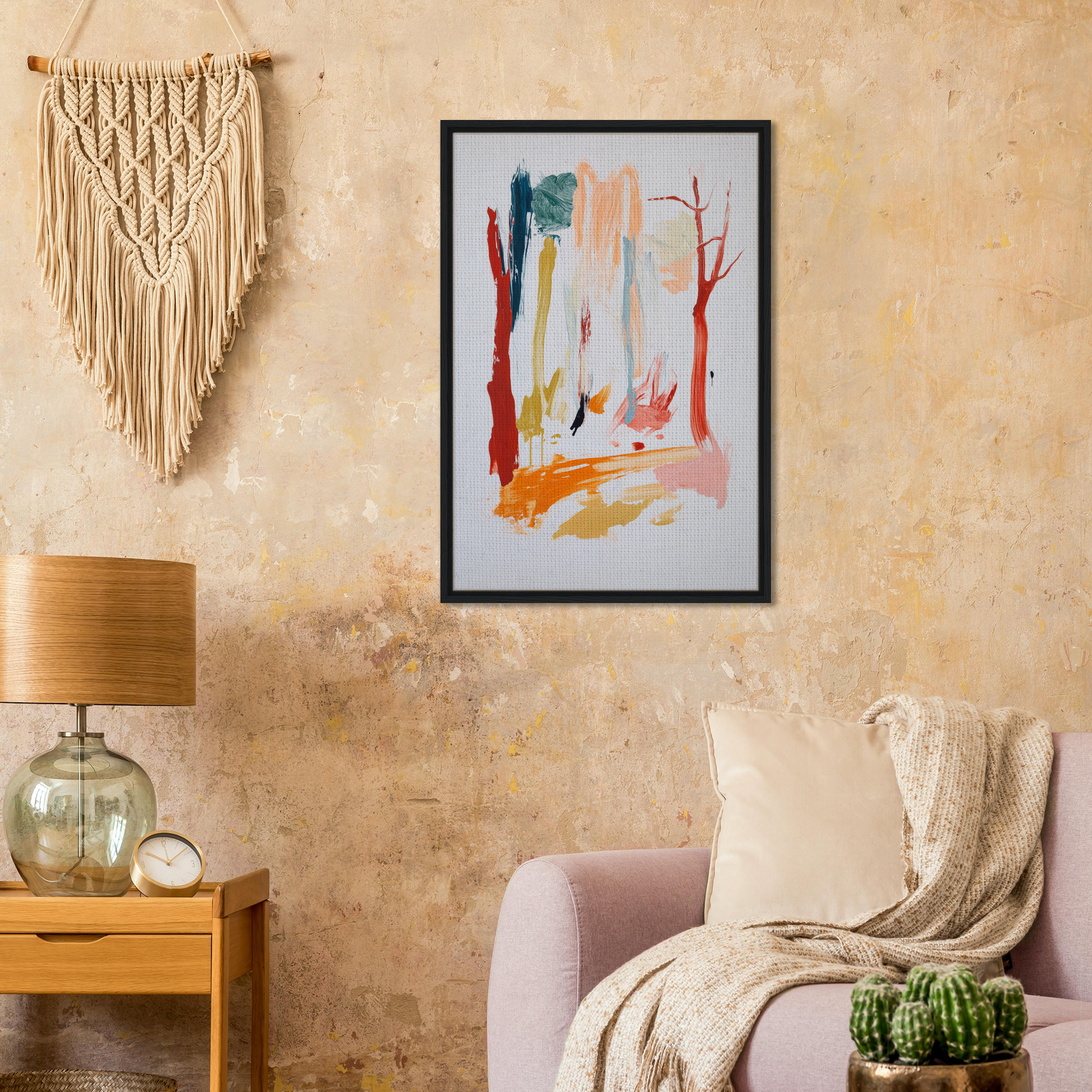 Framed Canvas Print Sunset Brush Revelry featuring colorful vertical shapes resembling a forest