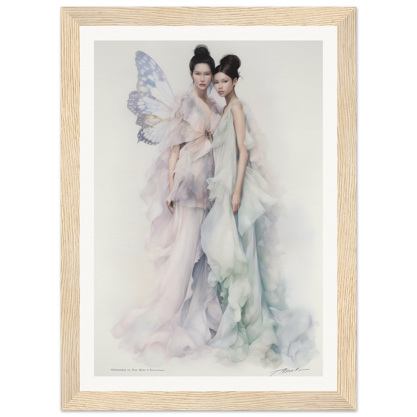 Ethereal painting of two women in flowing, pastel-colored gowns with fairy-like wings.