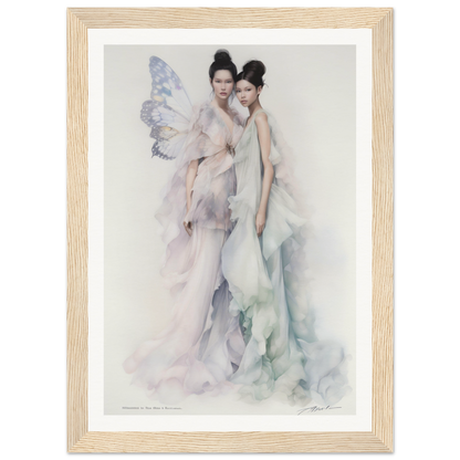 Ethereal painting of two women in flowing, pastel-colored gowns with fairy-like wings.