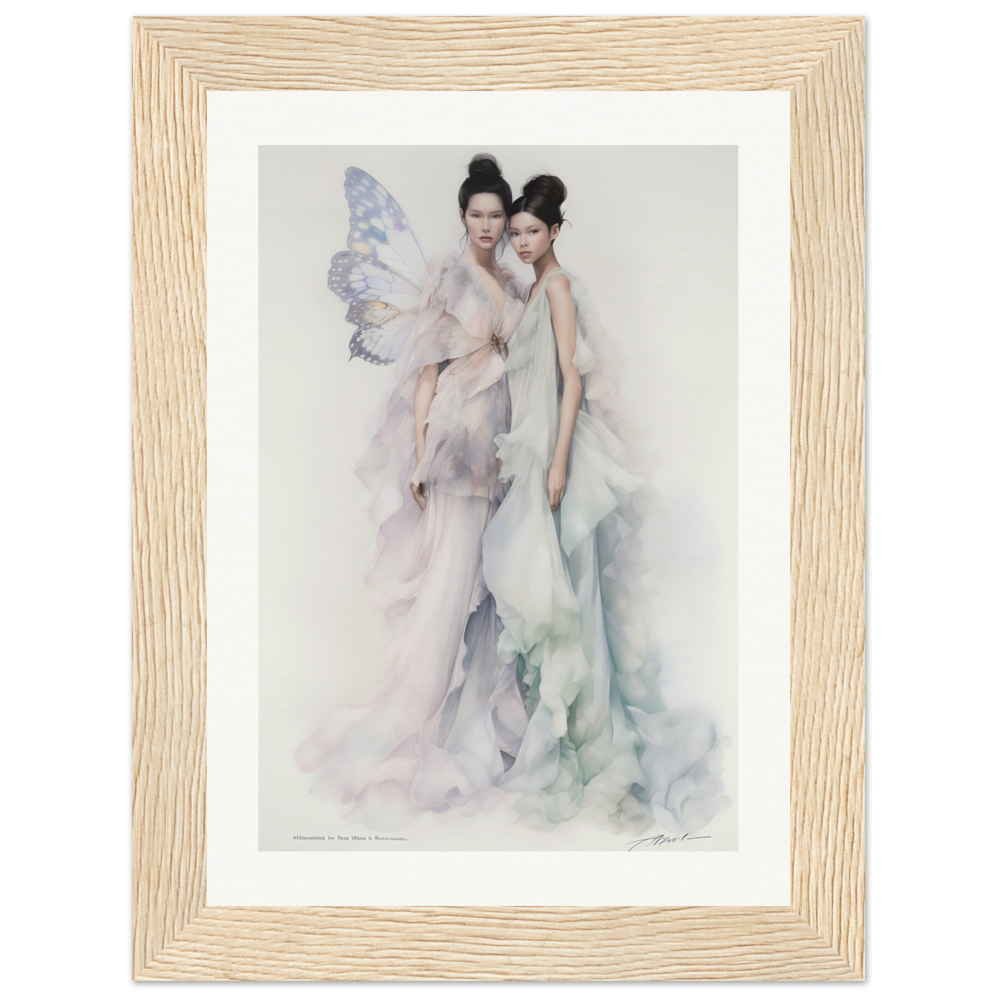 Framed watercolor painting of two ethereal female figures, one with delicate wings.