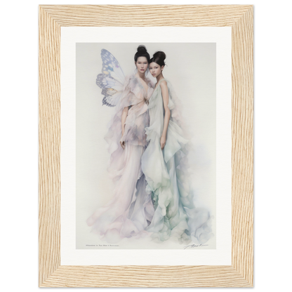 Framed watercolor painting of two ethereal female figures, one with delicate wings.