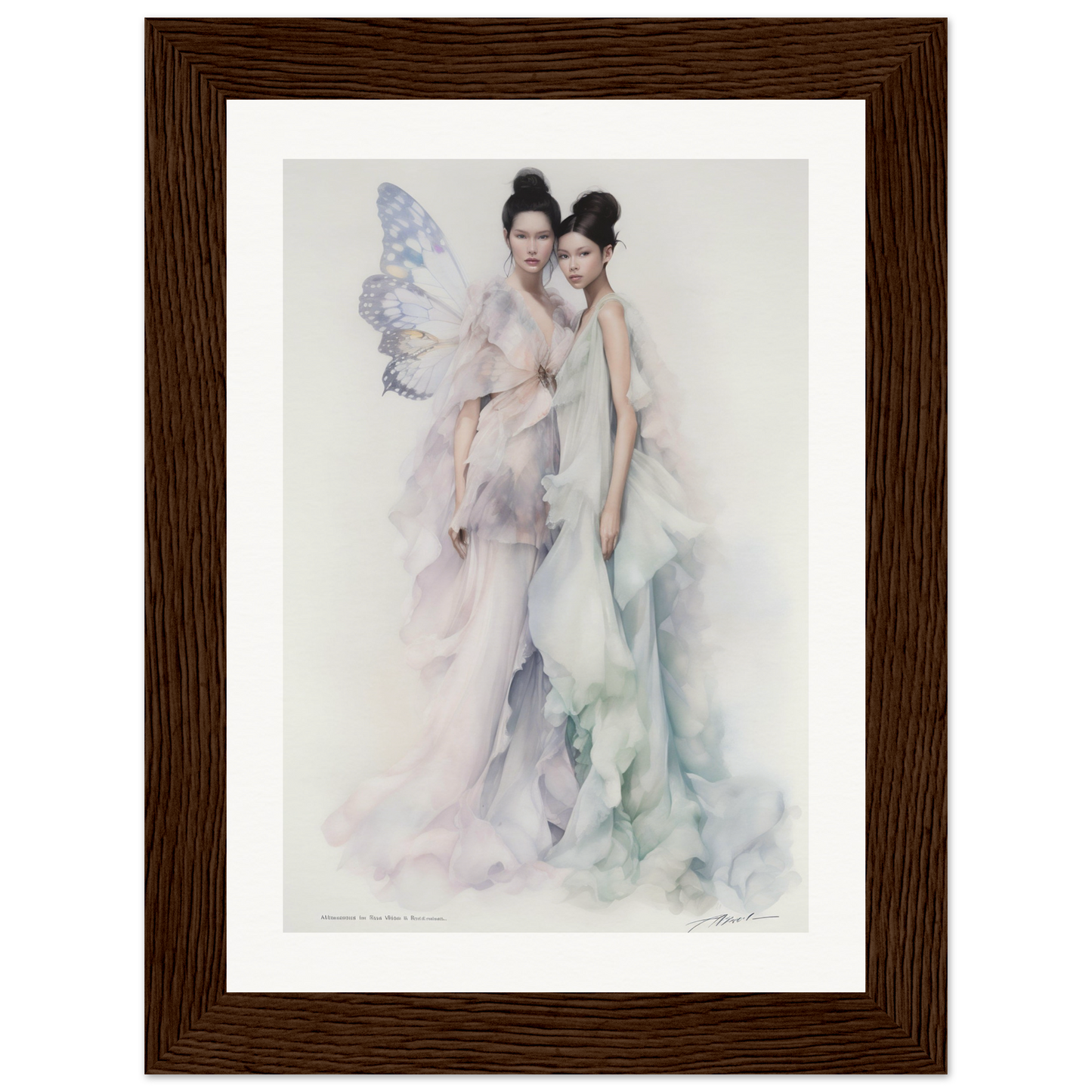 Watercolor painting of two ethereal figures, one with delicate wings, in flowing pastel garments.