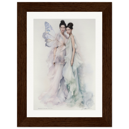 Watercolor painting of two ethereal figures, one with delicate wings, in flowing pastel garments.