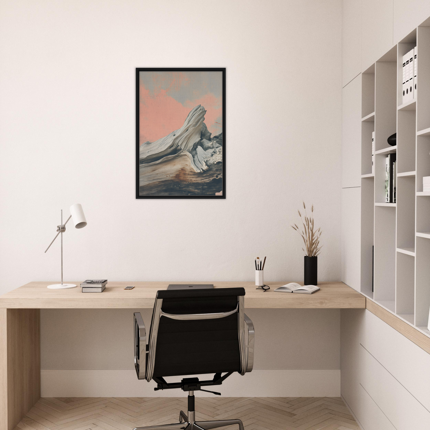 Minimalist home office featuring a desk, chair, and Surreal Drift Entwinement artwork