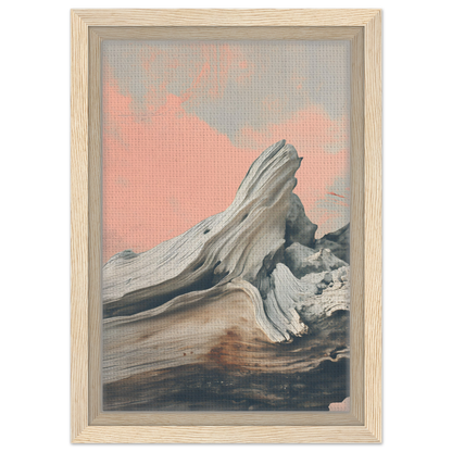 Weathered driftwood with smooth curves in Surreal Drift Entwinement framed canvas print