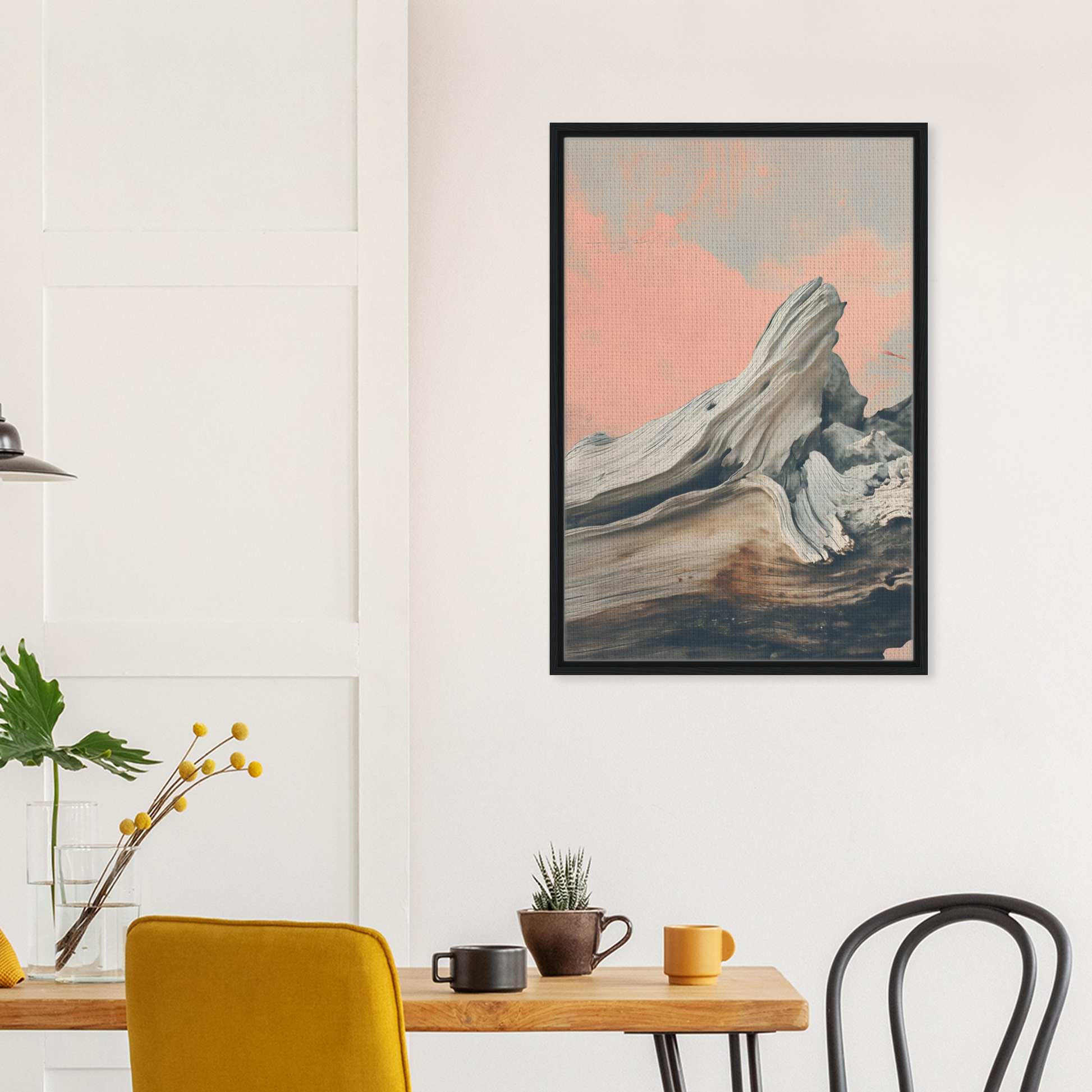 Framed abstract painting of mountain form in pink and gray for Surreal Drift Entwinement room decor