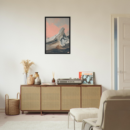 Wooden sideboard with rattan-style doors showcasing decorative items for surreal drift room decor