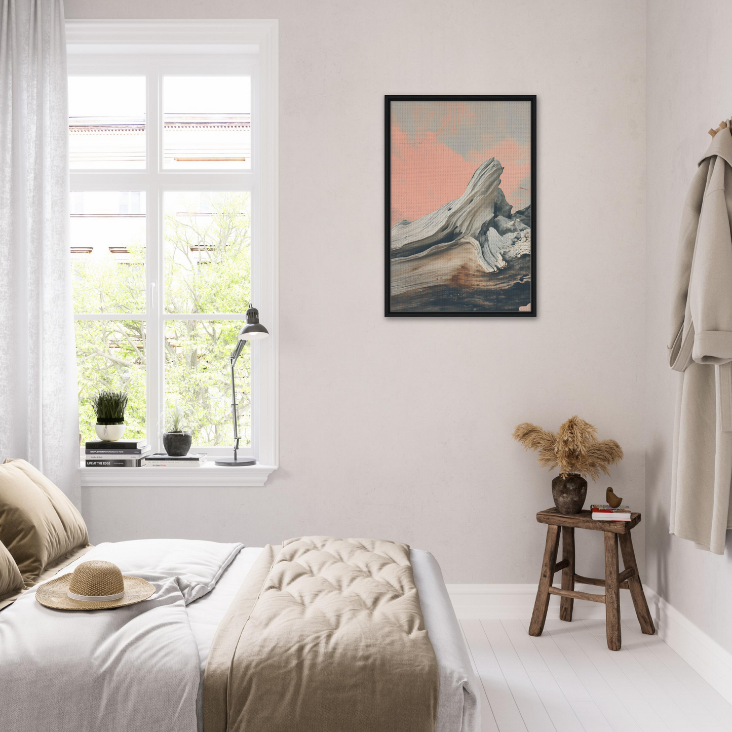 Cozy bedroom featuring Surreal Drift Entwinement artwork and elegant room decor