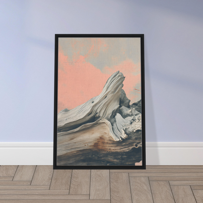 Framed canvas print of surreal drift with weathered driftwood against a pastel sky