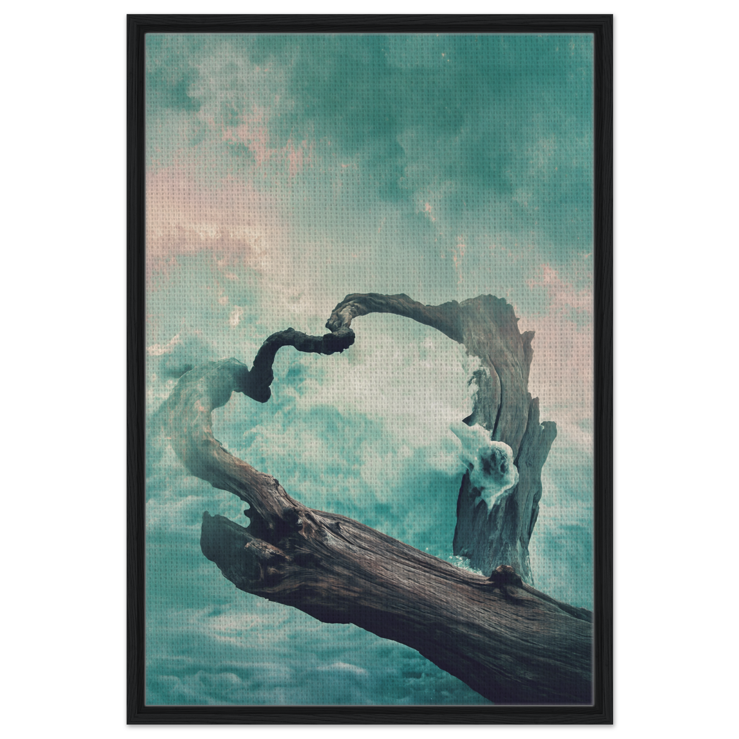 Twisted driftwood against a cloudy sky in Surreal Drift Serenade framed canvas print