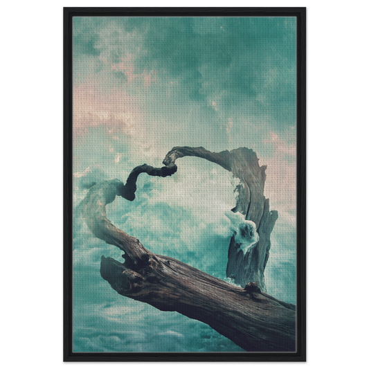 Twisted driftwood against a cloudy sky in Surreal Drift Serenade framed canvas print