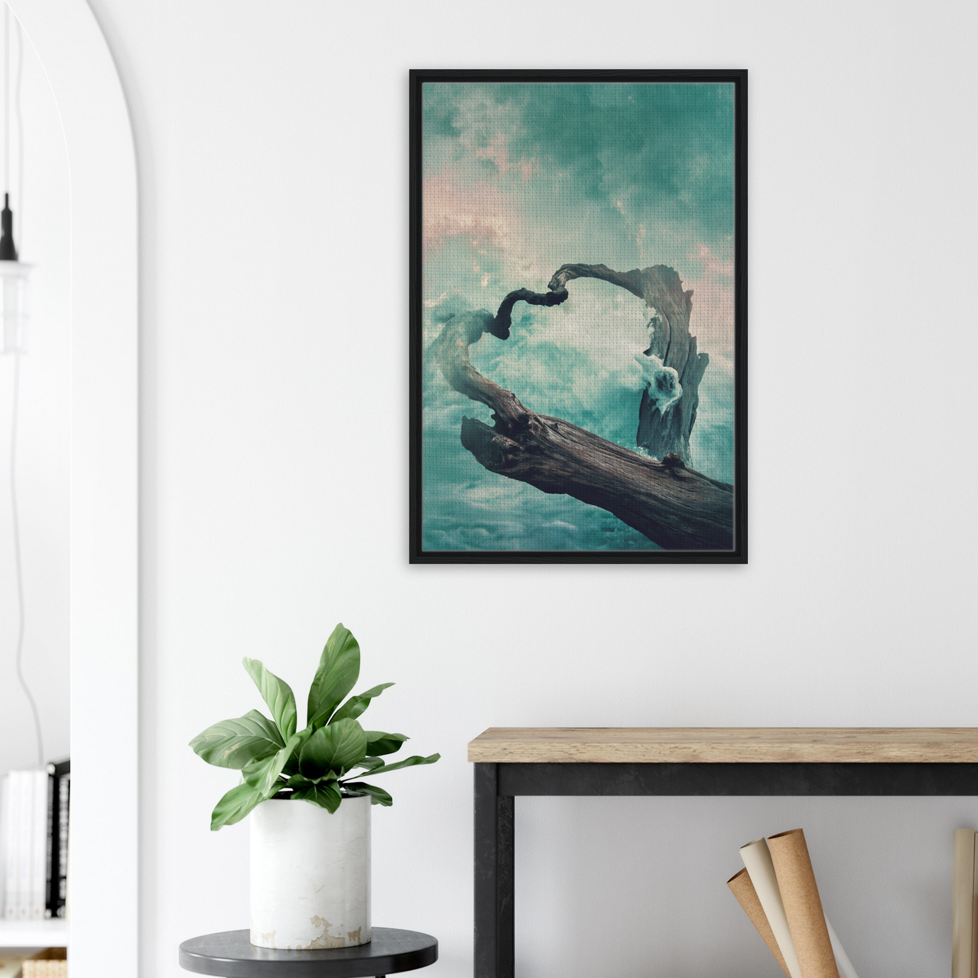 Framed canvas print of Surreal Drift Serenade featuring a figure and snake-like form