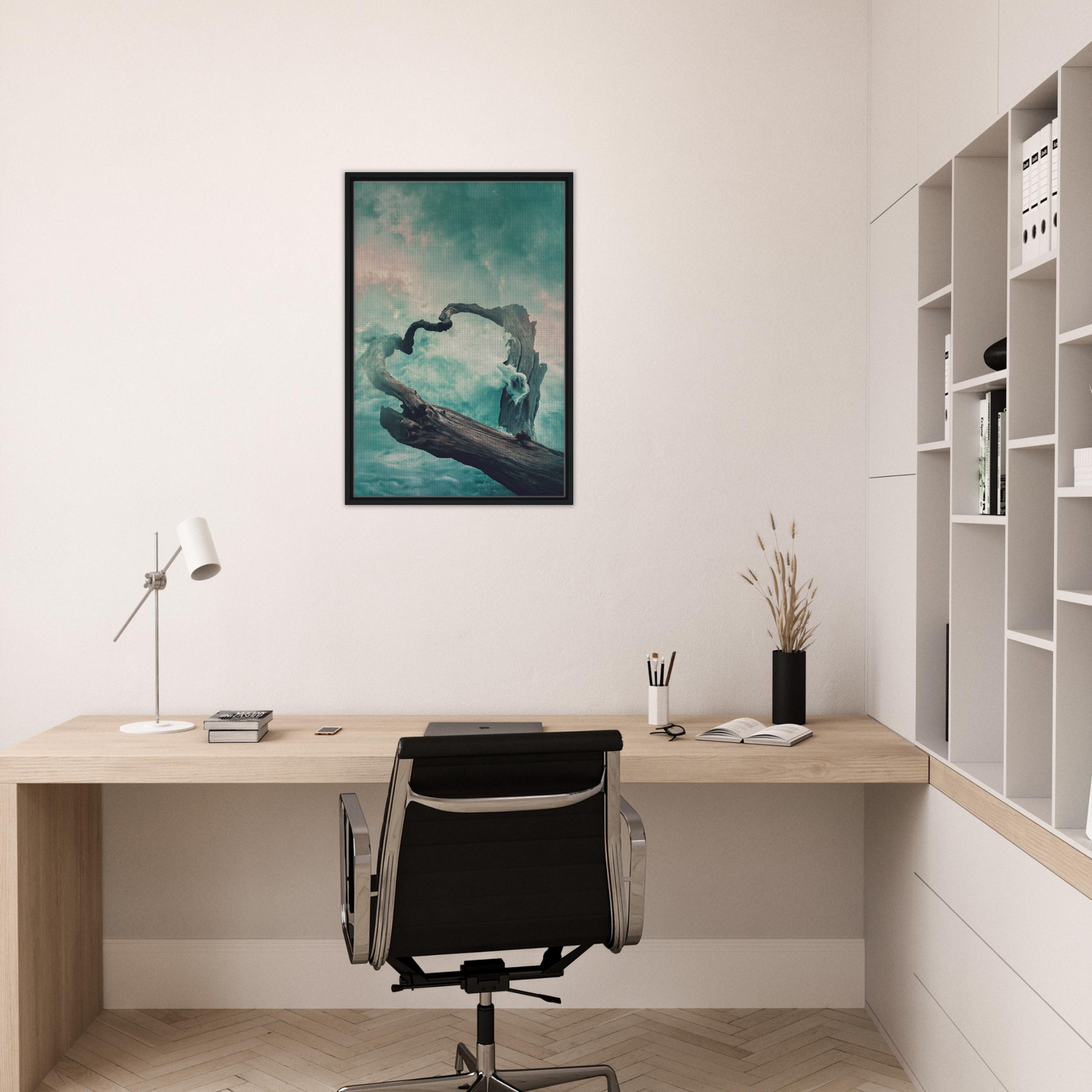 Minimalist home office workspace featuring Surreal Drift Serenade framed canvas print