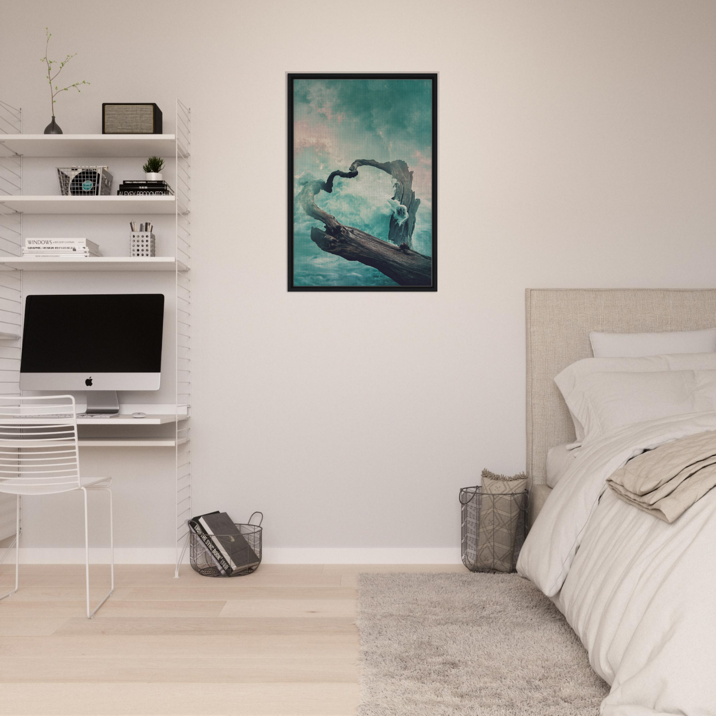 Framed canvas print of Surreal Drift Serenade featuring a figure on a boat with birds