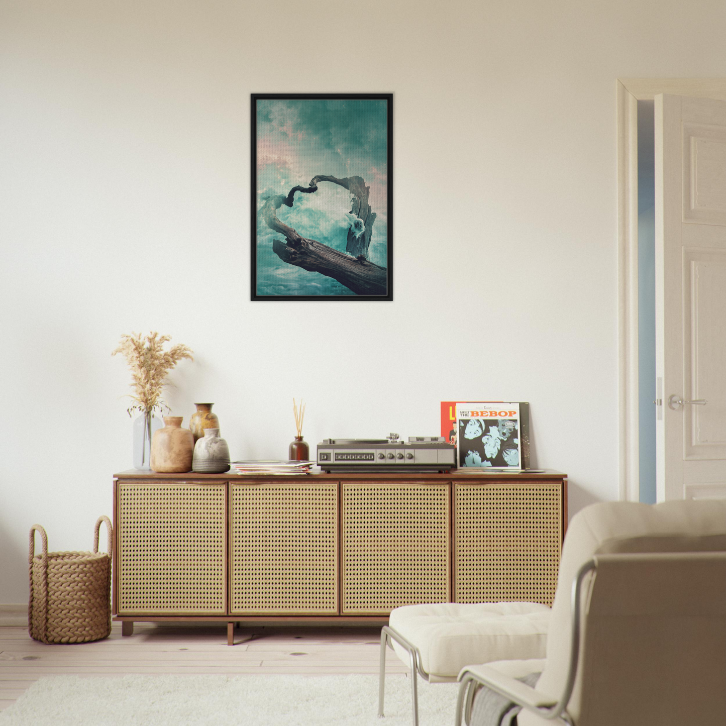 Wooden sideboard with cane-webbed doors and decor, complementing Surreal Drift Serenade