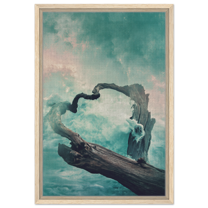 Twisted driftwood against a cloudy sky in Surreal Drift Serenade framed canvas wall decor