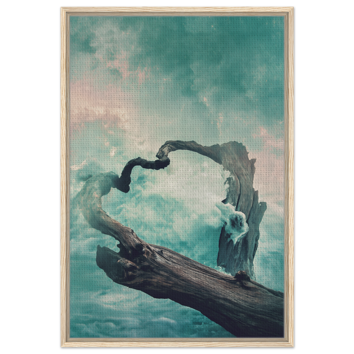 Twisted gnarled wood against a cloudy sky in Surreal Drift Serenade framed canvas wall decor