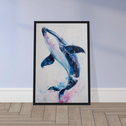 Framed watercolor painting of a blue whale for Surreal Humpback Harmonies room decor