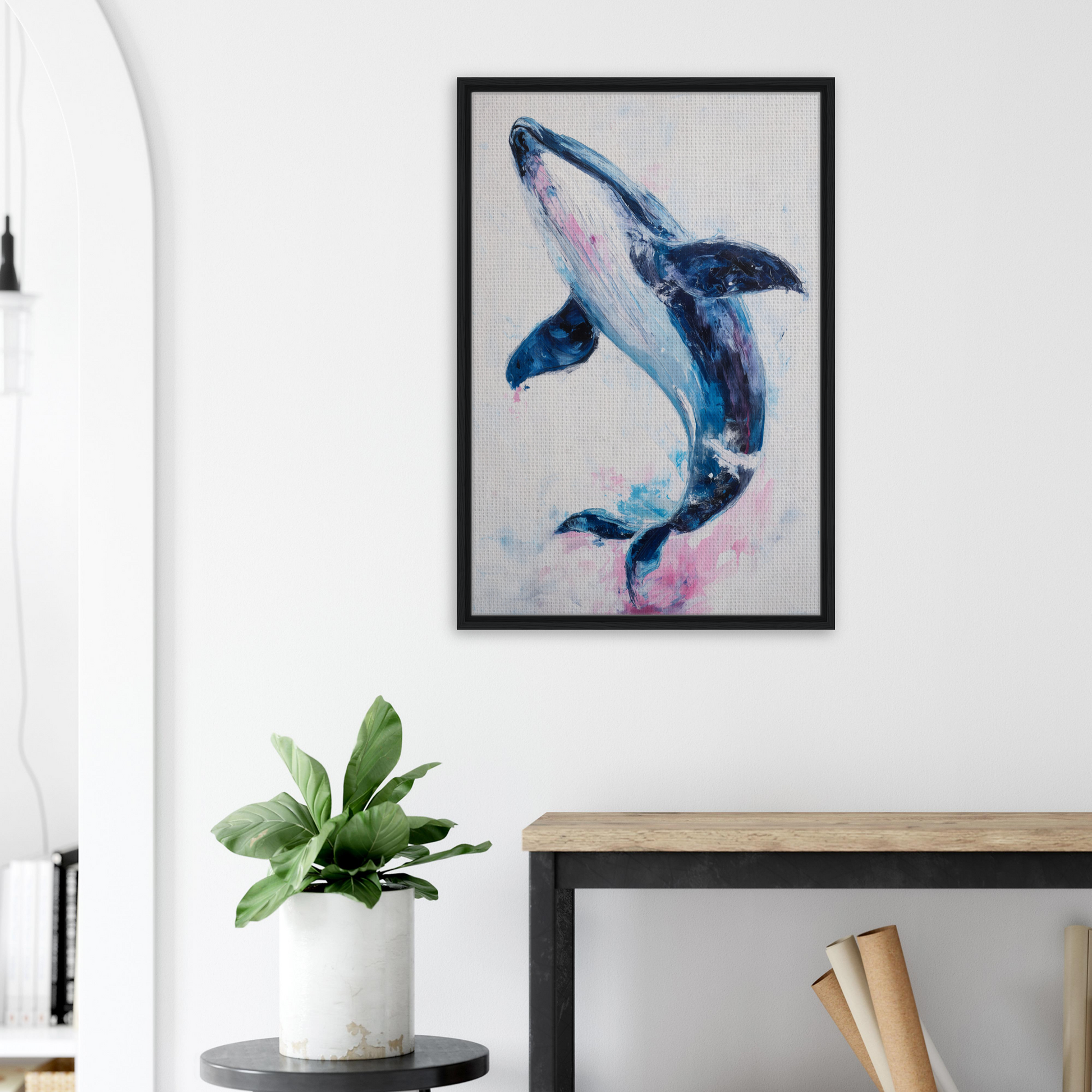 Framed watercolor painting of a blue whale in mid-leap for Surreal Humpback Harmonies room decor