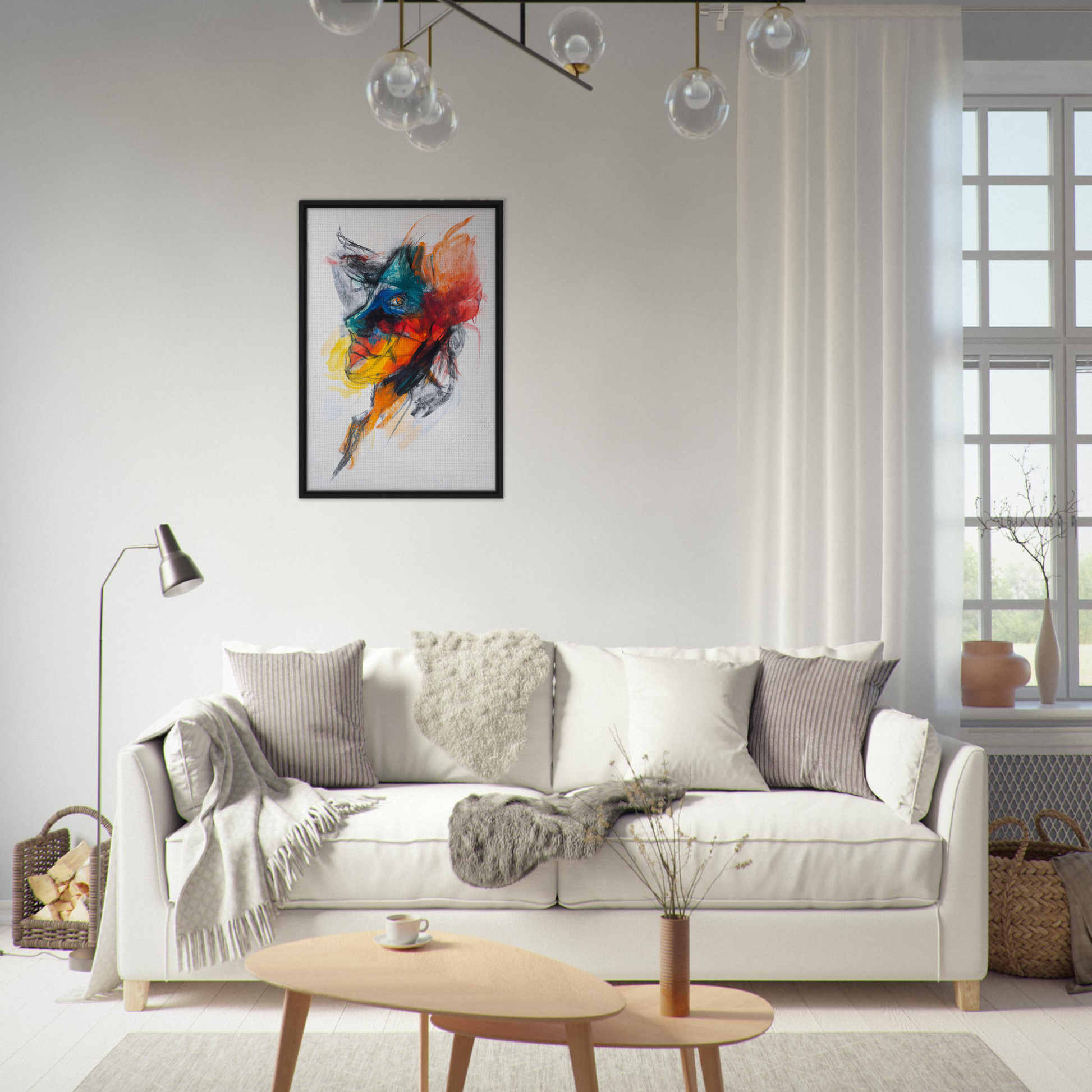 White sofa adorned with throw pillows and blankets, enhancing Swirling Color Symphony room decor