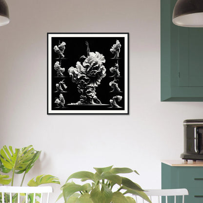 Black and white framed wall art of athletic movements in Swirling Dance Reverie