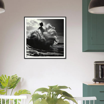 Black and white framed photo of a surfer on a wave, highlighting Swirling Euphoria Dance