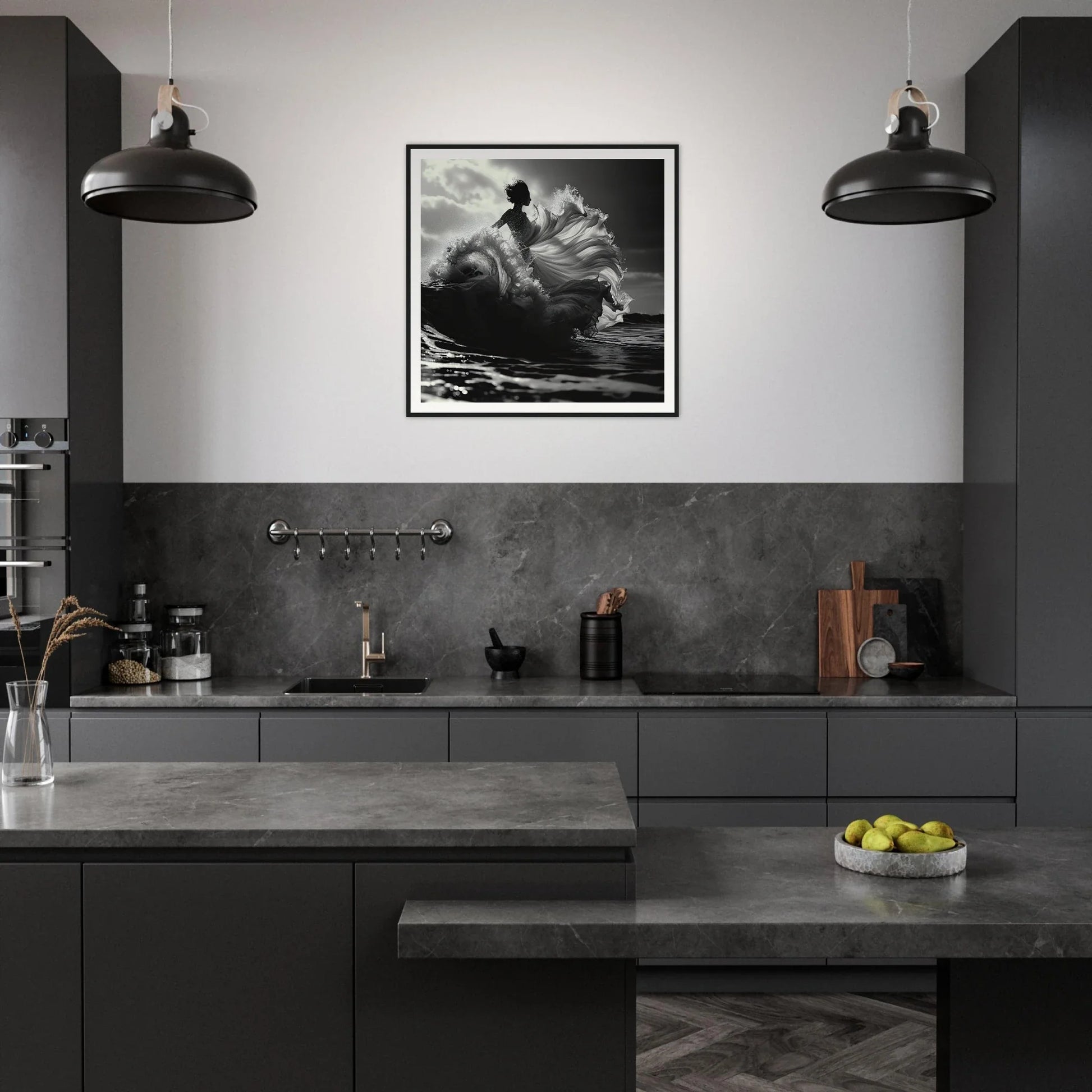 Modern dark gray kitchen featuring Industrial pendant lights and Swirling Euphoria Dance art