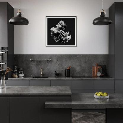 Modern dark kitchen with black cabinetry and industrial lights featuring Swirling Euphoria Unbound