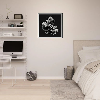 Minimalist bedroom featuring Swirling Euphoria Unbound art, floating shelves, and neutral bedding